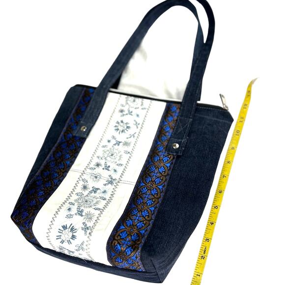 Handmade Upcycled Color Block Embroidered Shoulder Tote Bag Cotton Lined Pockets - Picture 9 of 12